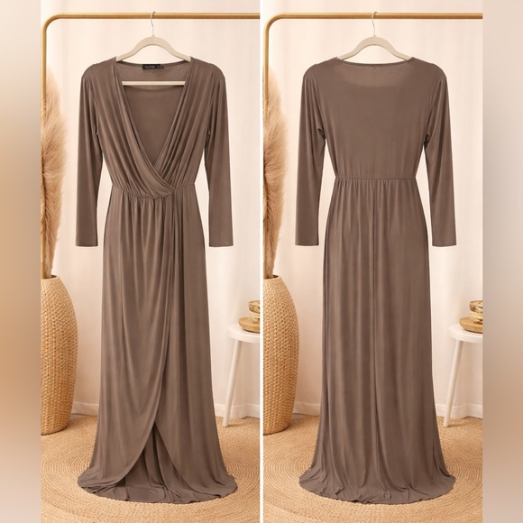 Boohoo Dresses & Skirts - Boohoo Taupe Long Sleeve Wrap Maxi Dress